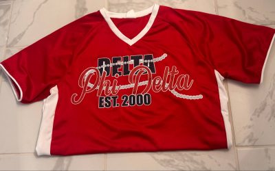 Delta Phi Delta Glitter Jersey Tee Red letters with pearls